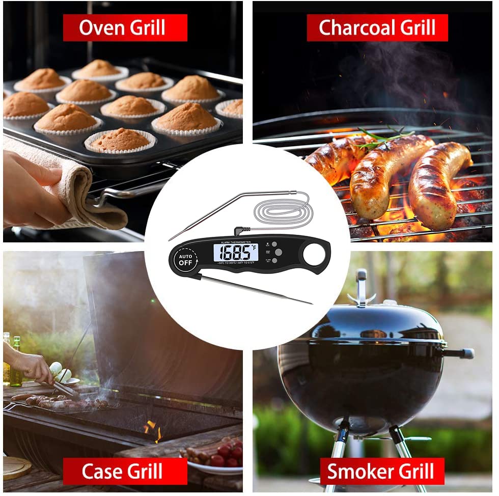 review 2 in 1 Digital Meat Thermometer for Cooking,Instant Read Food Thermometer for BBQ Grilling,Magnet Foldable Oven Food Thermometer with Calibration,Backlight (Black)