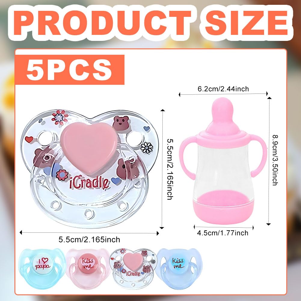 5 Piece Reborn Doll Magnetic Pacifier & Bottle Set Realistic Simulation Feeding Toy with Safe Pretend Play Accessories for Re-Born Baby Dolls Gift (Pink/Blue) - Image 2