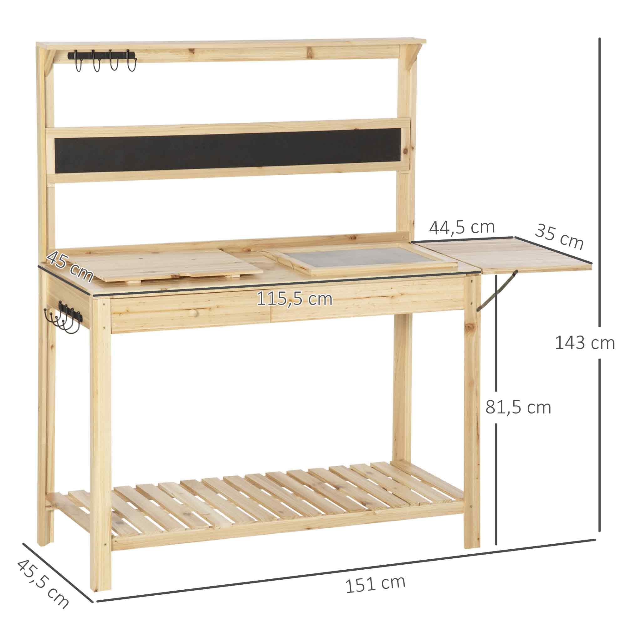 Outsunny Table de rempotage de jardin avec 2 étagères, tiroir, étagère pliante, 8 crochets, évier, tamis, planche en bois d'épicéa