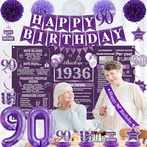 Image of Crenics Purple 90th Birthday Decorations for Women - Back in 1936 Backdrop, Banner, Swirls, Centerpieces, Sash, Paper Pom Poms, Cake Topper and Balloons for 90 Birthday Party Supplies