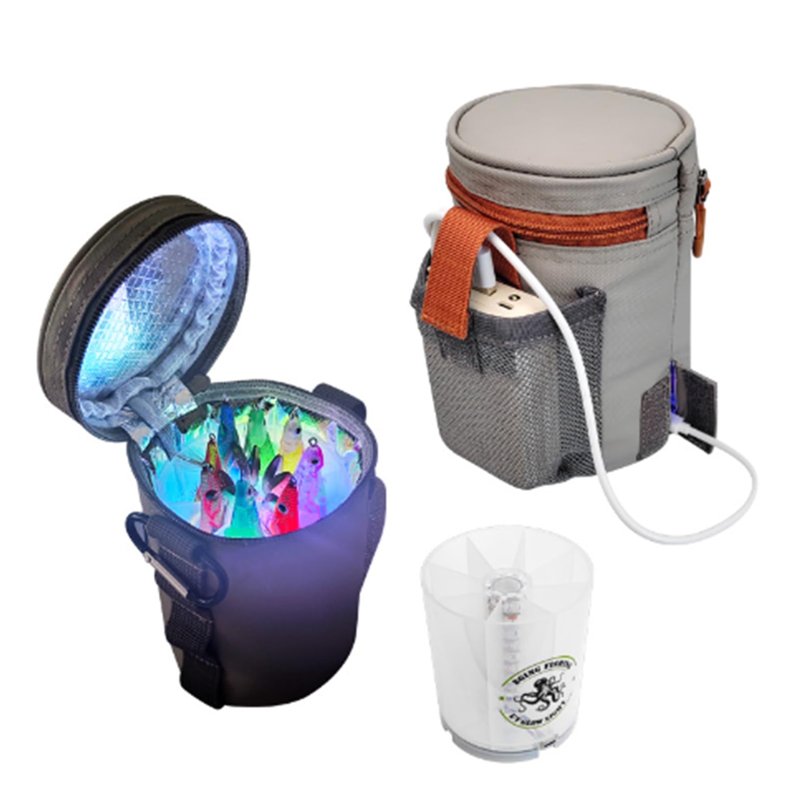 Squid Jig Fill Light Bag with Type C Female Power Interface Holds up to 8 Lures for Hard Bait Soft Bait Glow Light (Grey)