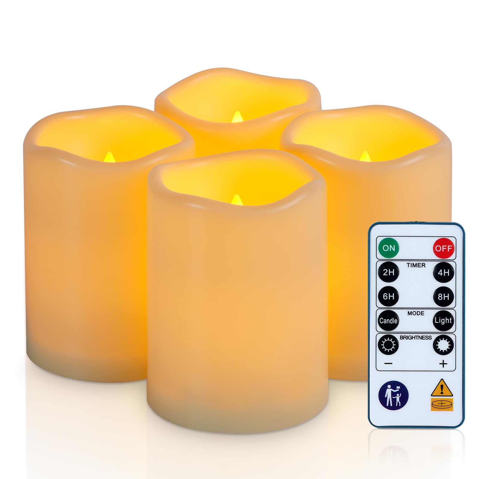 Homemory Outdoor Waterproof Battery Candles with Timer and Remote Control, Fake Electric Pillar Candle Battery Operated LED Flameless Candles Flickering, Ivory, Won't Melt, Set of 4, 3" x 4"