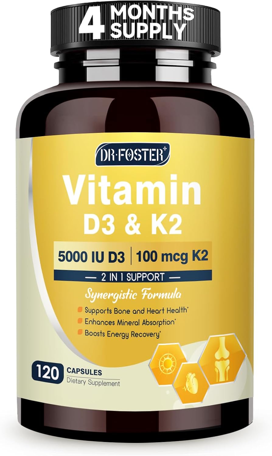 DRFOSTER Vitamin D3 K2 – High-Potency 125mcg D3 (5000IU) & 100mcg K2 (MK7) – Bone Strength, Heart & Immune Support – Enhanced with Zinc, Boron & MCT – 120 Capsules, Non-GMO, Gluten-Free