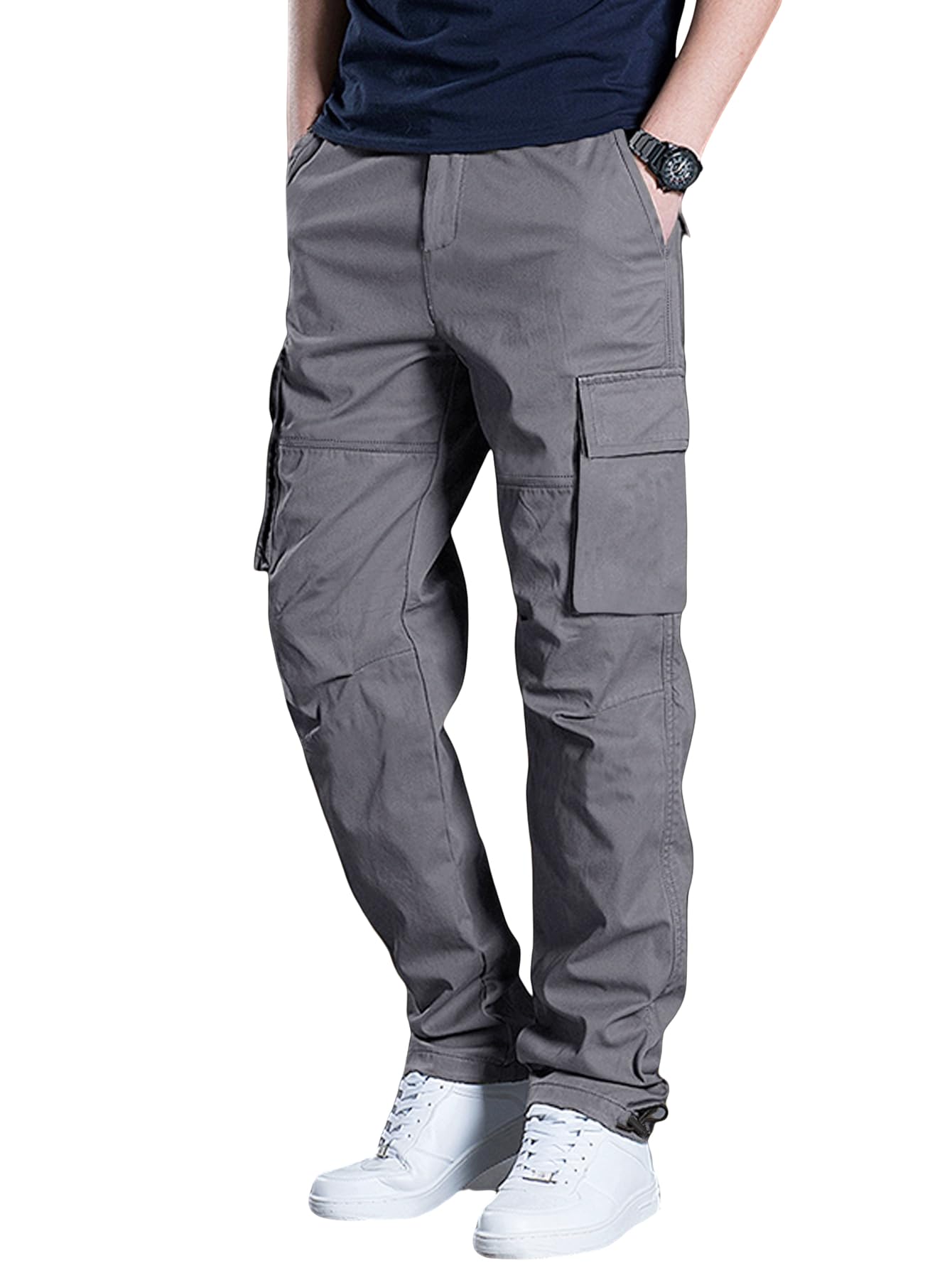 OYOANGLE Mens Drawstring Elastic Waist Flap Pockets Cargo Pants Straight Leg Casual Trousers