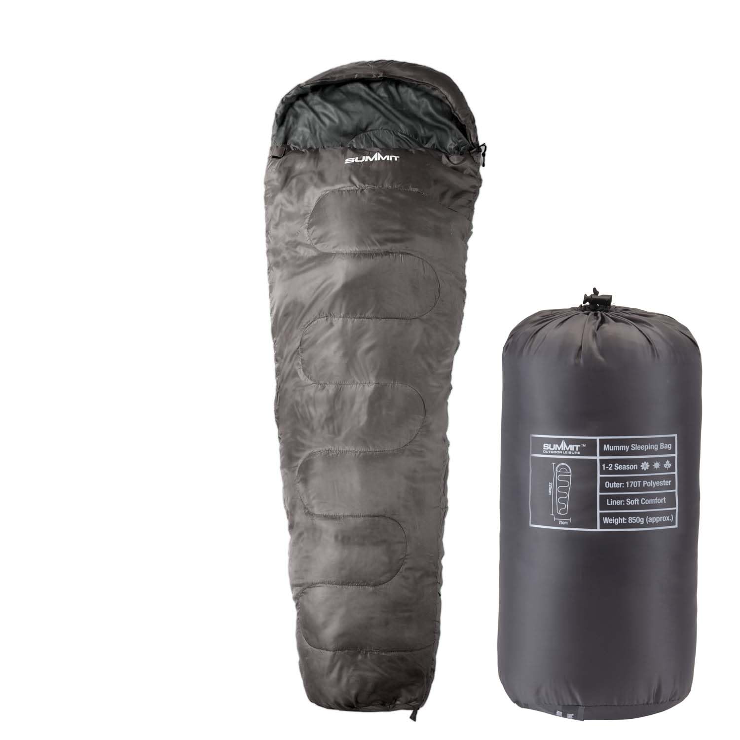 VFM e-Store - Mummy Sleeping Bag for Adults, Lightweight 2 Season Adult Sleep Bag for Summer Camping, Festivals and Travel, 225cm Single Bag With Carry Pouch, 170T Polyester, Grey