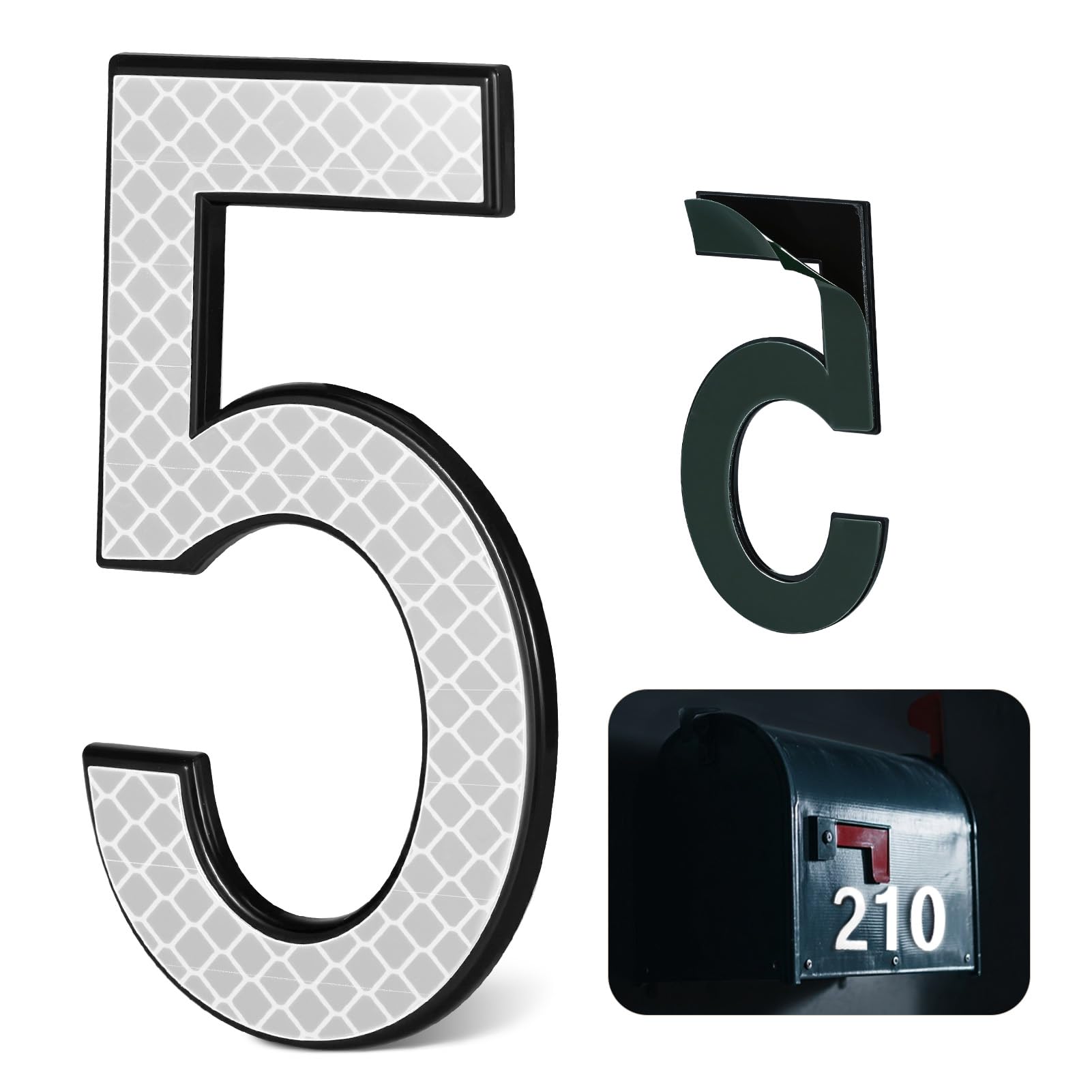 4 Inch Reflective House Numbers for Outside, VONDERSO High-Intensity Reflective Self-adhesive Mailbox Numbers, Durable ABS Base for House Plaques, Mailbox, Yard, Garage – Plaque Number ‘5’