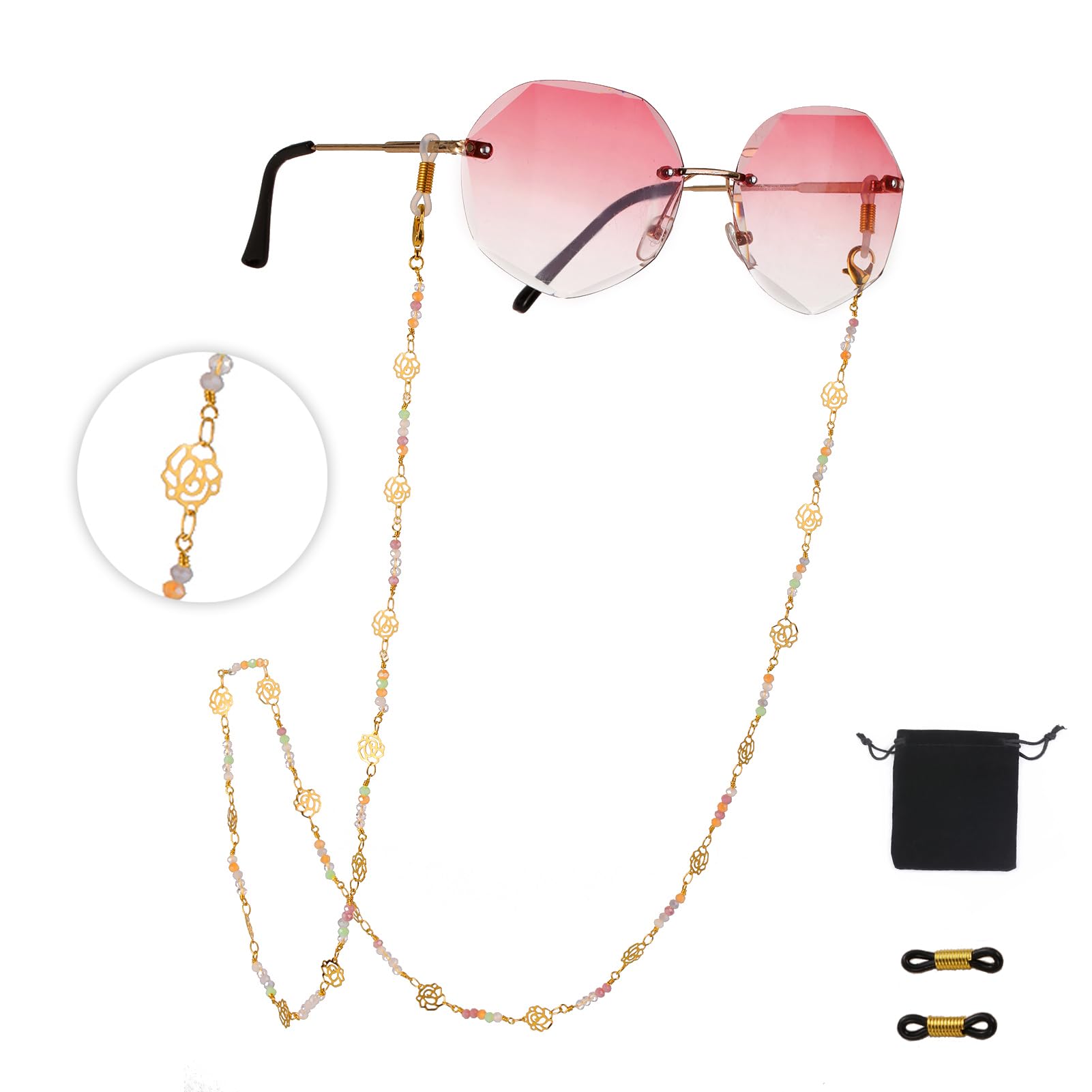 Dreamtimes Cadena de gafas para mujer, hecha a mano, con diseño de rosa, cadena para gafas, collar, máscara, cadenas para gafas