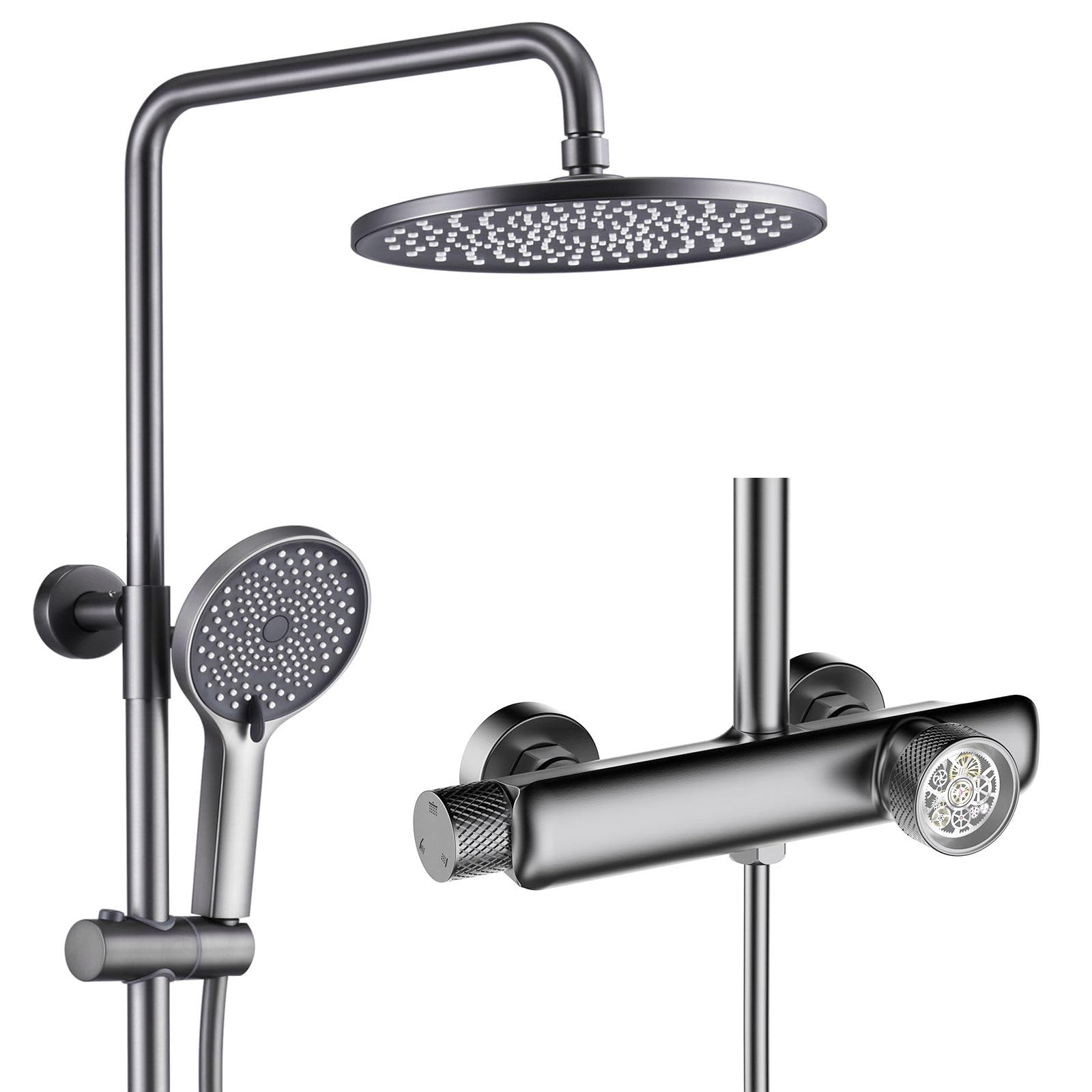 Set Doccia con Miscelatore, Design Innovativo Ingranaggi Meccanici, RSS0714 Moderno Colonna Doccia, Quadrato/Rotondo Soffione, 59A Ottone Valvola di Miscelazione, Altezza Regolabile