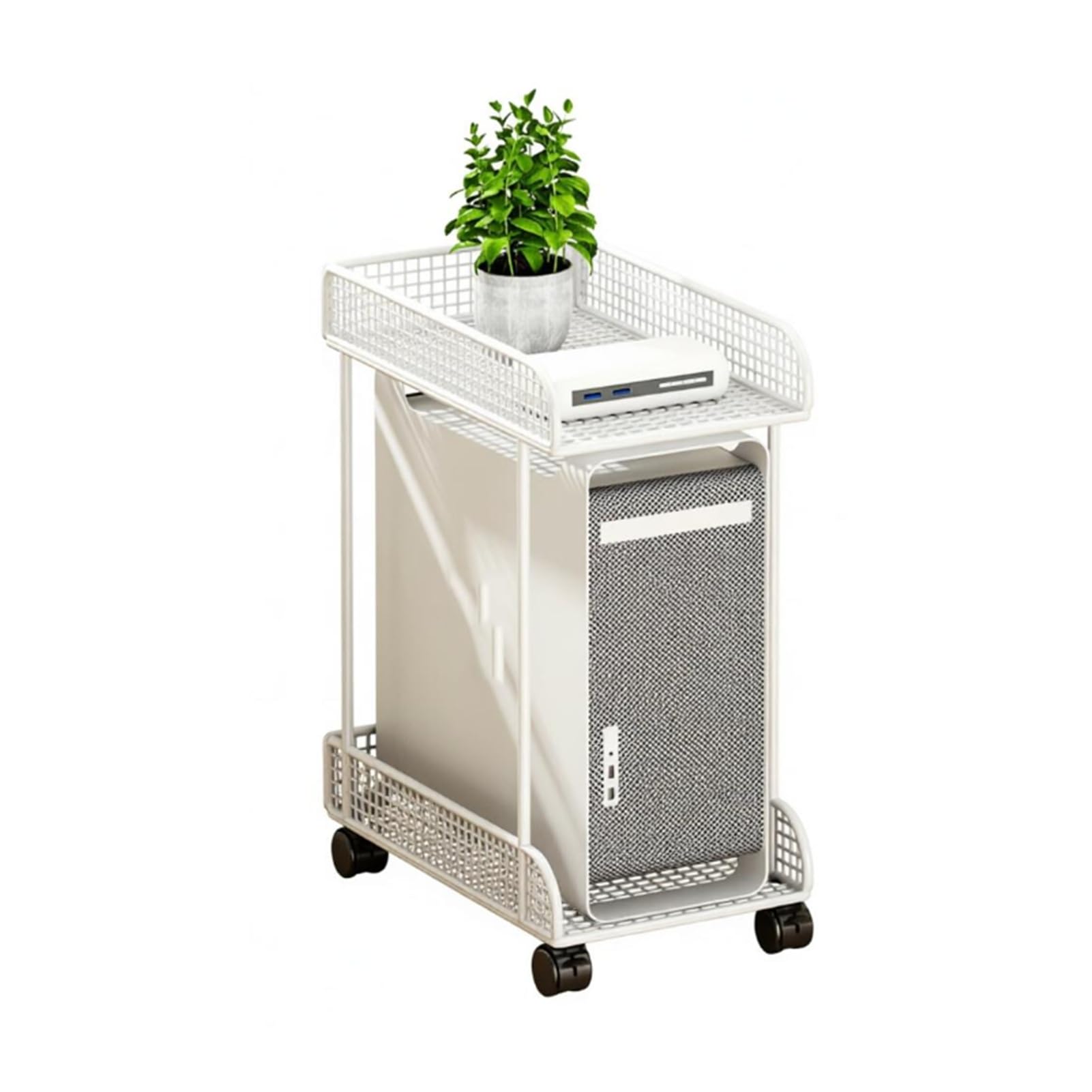 Soporte de CPU de 2 niveles con ruedas, soporte de torre de computadora de metal, carga máxima de 132 libras, diseño transpirable ventilado para juegos, oficina en casa