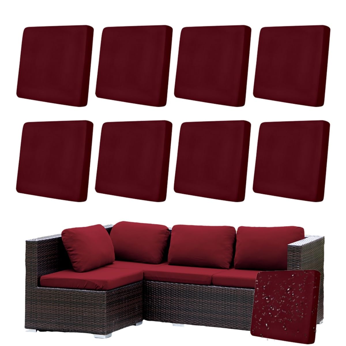 Hiseng Outdoor Cushion Covers Replacement 8/12 /14 PCS Water Resistant Patio Seat Cushion Covers for Garden Furniture Rattan Corner Sofa, Solid Color Soft Stretch Washable (Burgundy red,8 PCS)