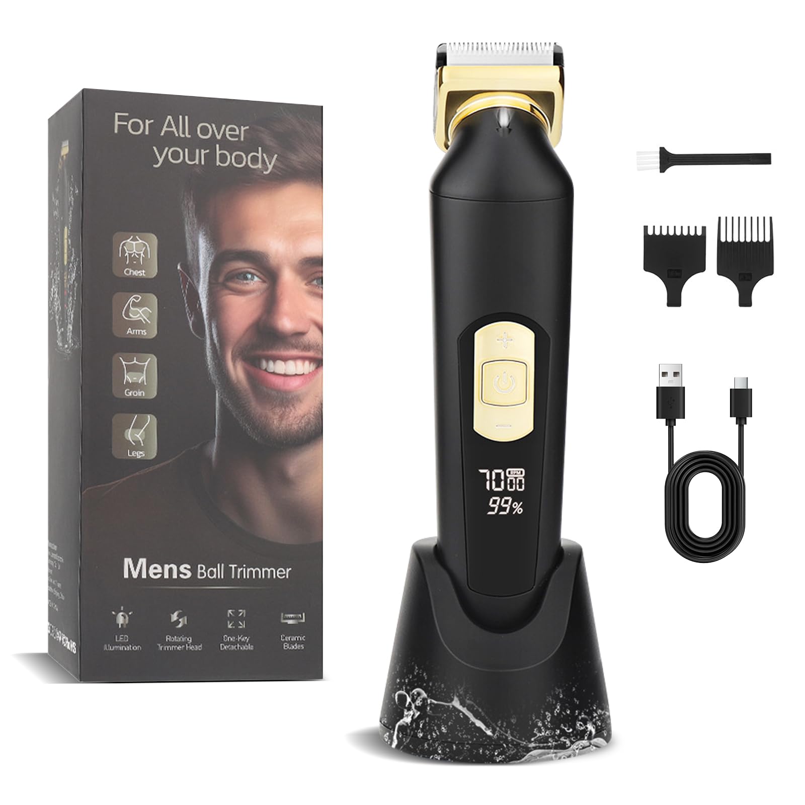 Afeitadora Corporal Masculina, Depiladora Corporal Hombre con Luz LED, Base de Recarga USB, IPX7 Impermeable, Seco y Húmedo, para Barba, Axilas, Pecho, Piernas y Zonas Íntimas