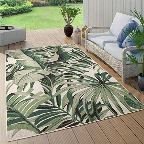 Paco Home in- & Outdoor Rug Tropical Palm Leaf Design for Patio in Green Beige, Size: 4' x 5'7'