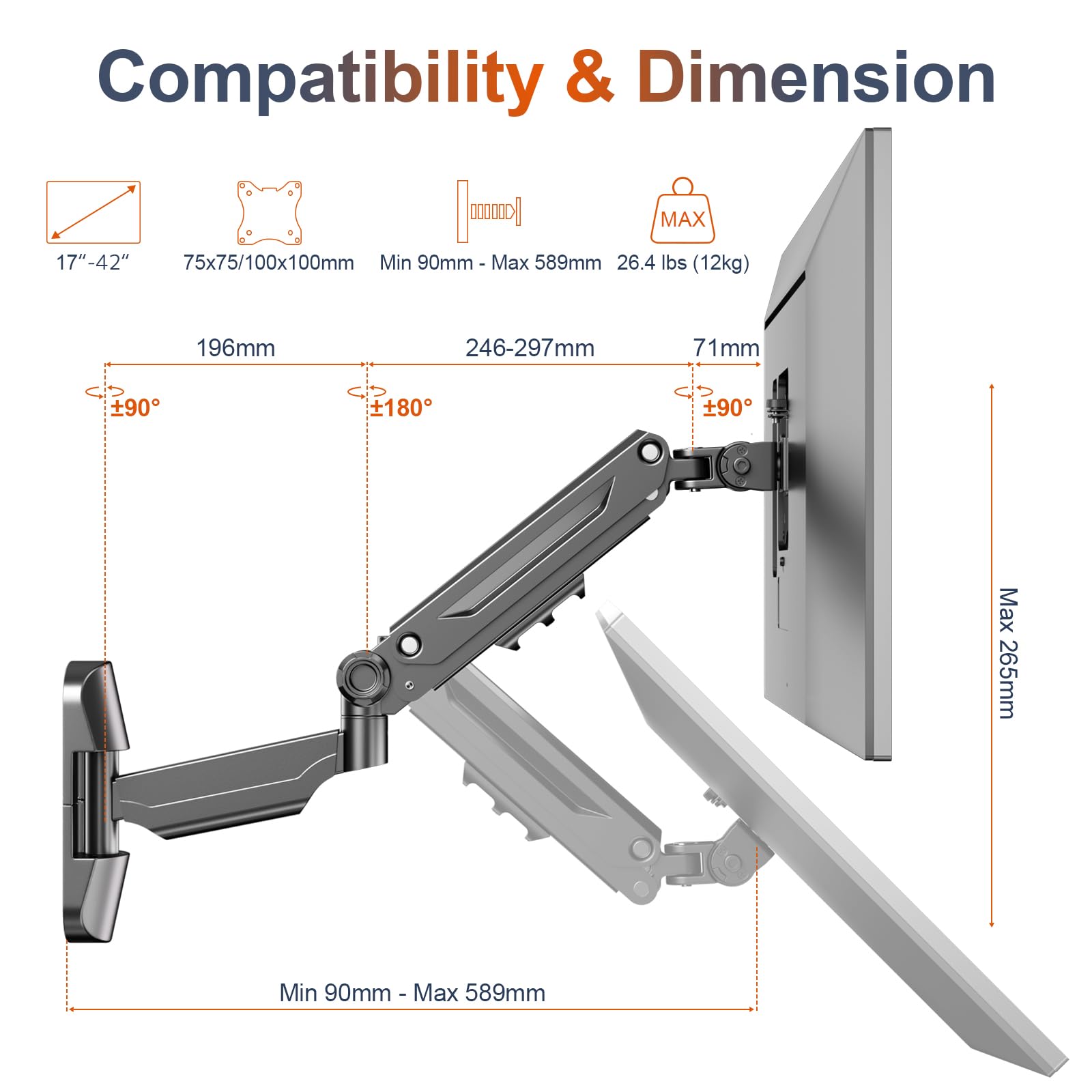 PUTORSEN Support Mural Ecran PC de 17-42 Pouces Écran PC et TV, Bras Ecran PC, Support Ecran PC Mural, Inclinaison, Pivotement, Rotation et Hauteur Réglable, Load 12KG, VESA 75/100 mm