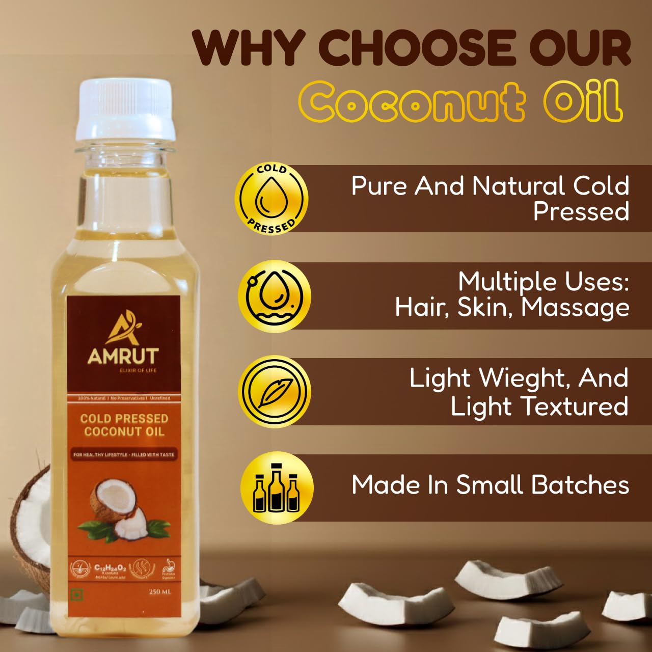 AMRUT ELIXIR OF LIFE Pure Cold Pressed Virgin Coconut Hair Oil 250ml | Herbal Ayurvedic Reduces Hair Fall, Nourishes for Smooth Shiny Healthy Hair 1