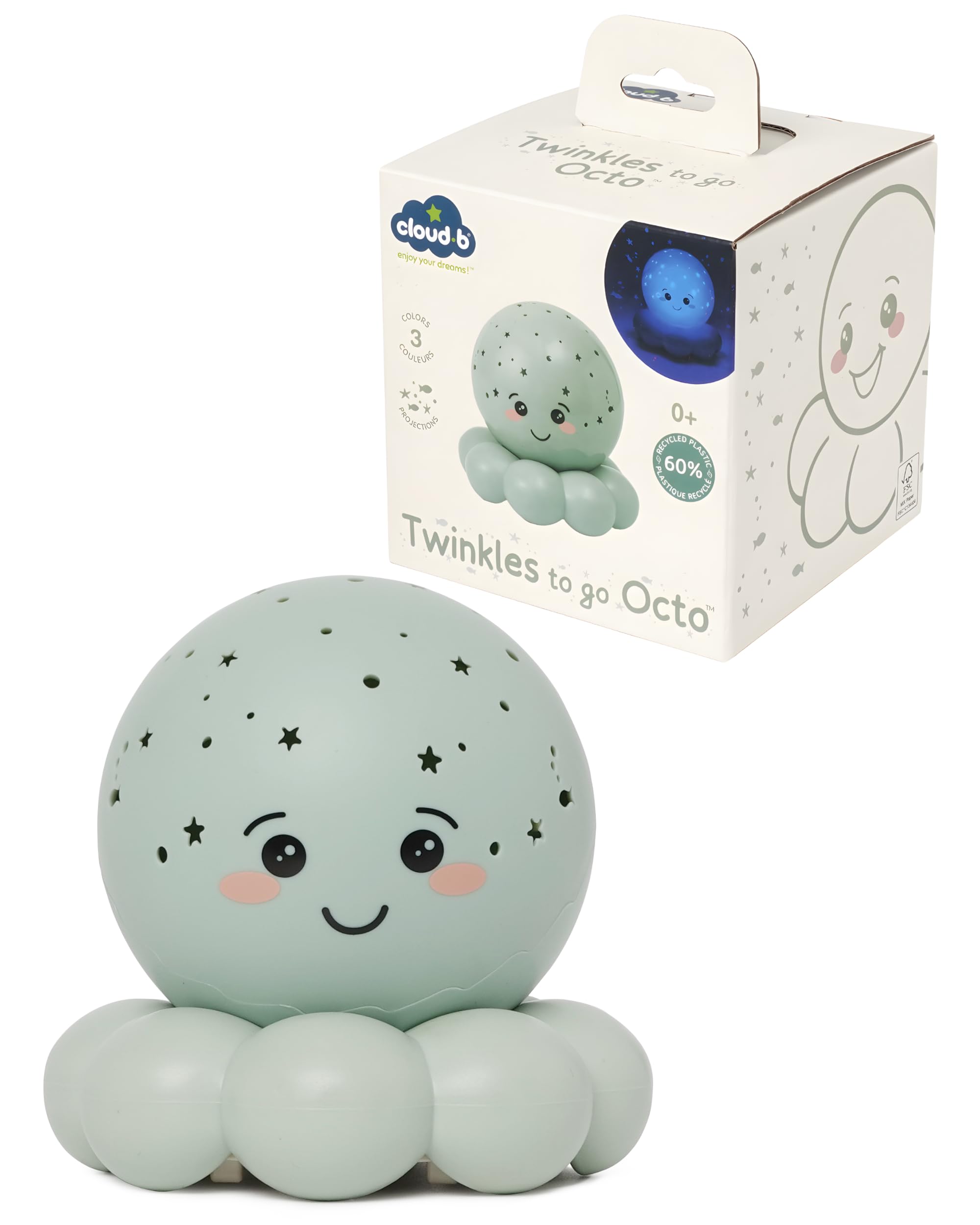 Cloud B Twinkles to Go Octo Pastel Green - Portable Star & Fish Night Light Projector for Kids - 3 Soothing Colors (Red Blue Green) with Auto-Rotation - 45-Min Sleep Timer
