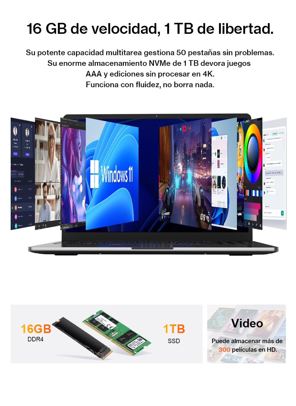 Ninkear Computer portatile da 16" QHD, Ryzen 5 7430U (fino a 4,3 GHz), 16 GB RAM, SSD 1 TB (espandibile a 4 TB), Win 11, Wi-Fi 6, BT 5.2, custodia metallica