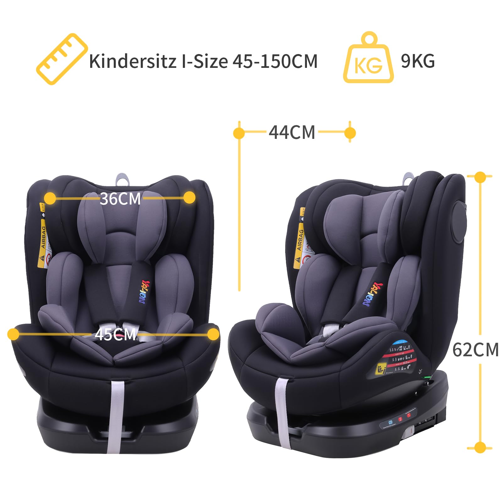 YALION i-Size Kindersitz (0-36 kg) mit 360° Drehung, ISOFIX & Top Tether | Für Kinder 40-150 cm (0-12 Jahre)-Grey
