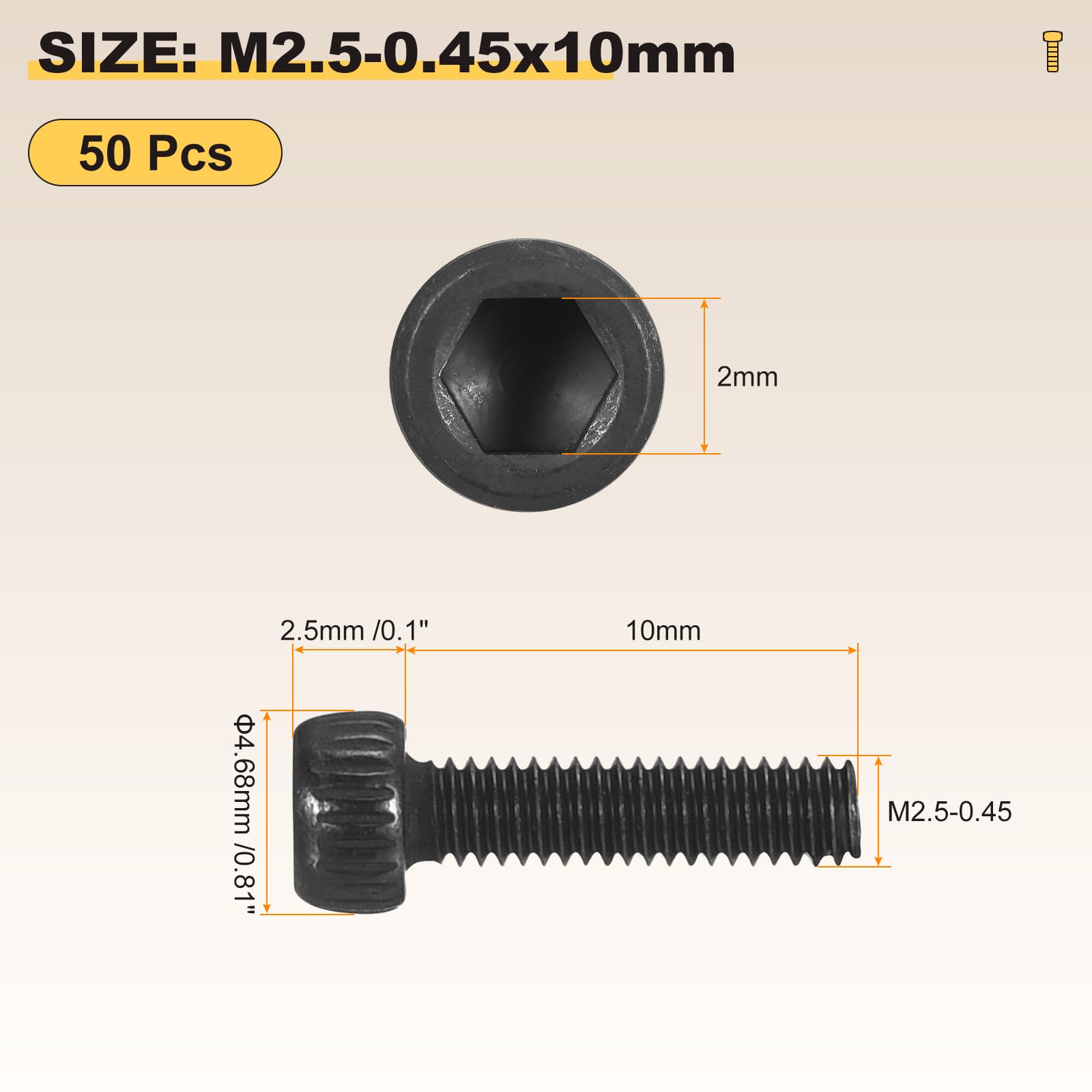 METALLIXITY Socket Head Cap Screws(M2.5-0.45x10mm)50Pcs, Carbon Steel Allen Socket Drive DIN912/ISO4762 Metric Oxide - Image 2