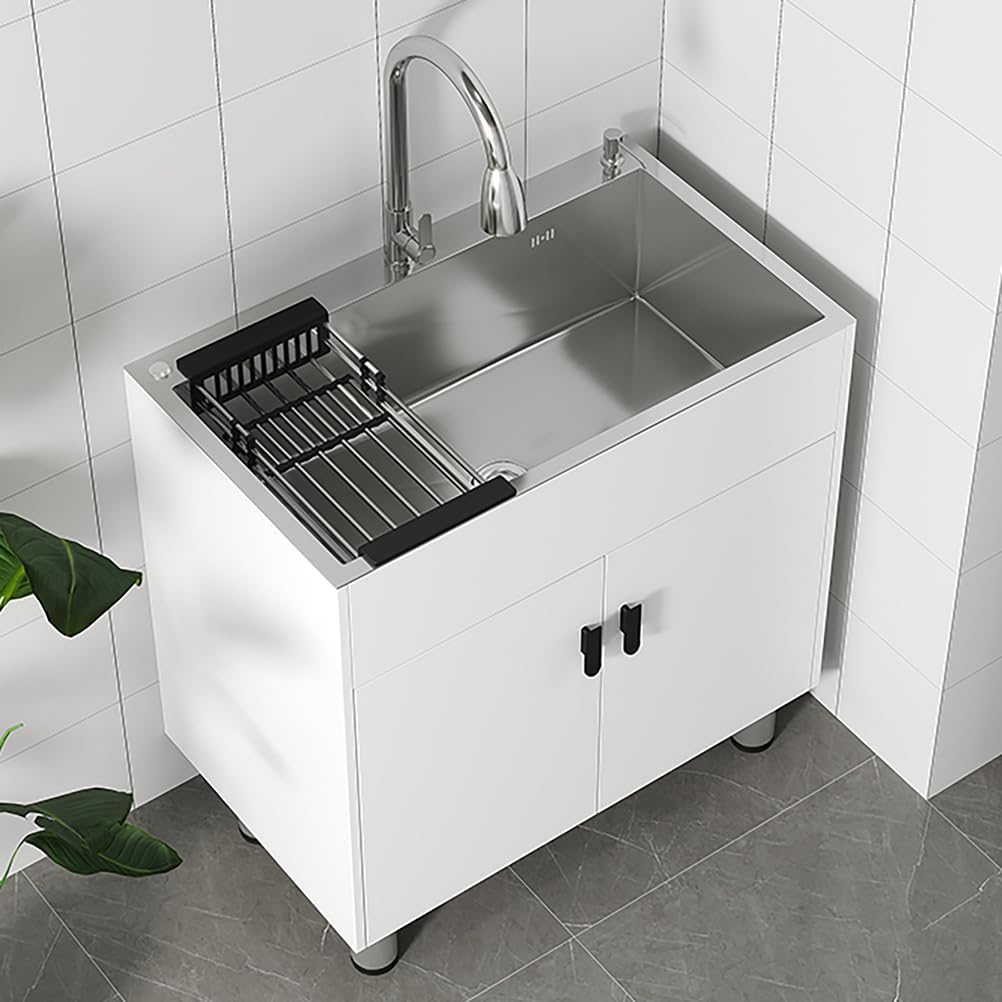 19.6-29.5In Stainless Steel Laundry Sink with Pull-Down Faucet,with Cabinet Utility Sink,Free Standing Single Bowl Kitchen Sink,for Bathroom Laundry Room Garage Basement,White,68 * 45 * 79cm