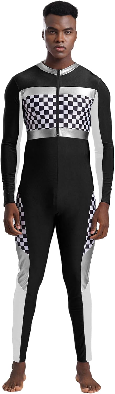 Alvivi Mens Checkerboard Racing Driver Jumpsuit Speed Race Car Driver Costume Racer Uniform Bodysuit