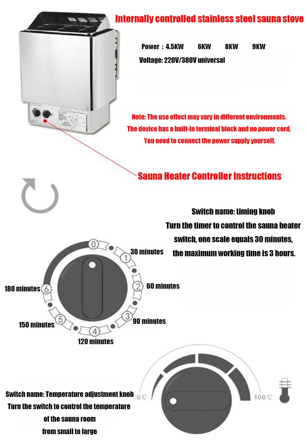 Riscaldatore elettrico per sauna domestica, riscaldatori per bagno turco secco, stufa per sauna, 3-9 kW, 220/380 V, stufa per sauna secca per spa, acciaio inossidabile, per casa/sauna 3.0KW/220V