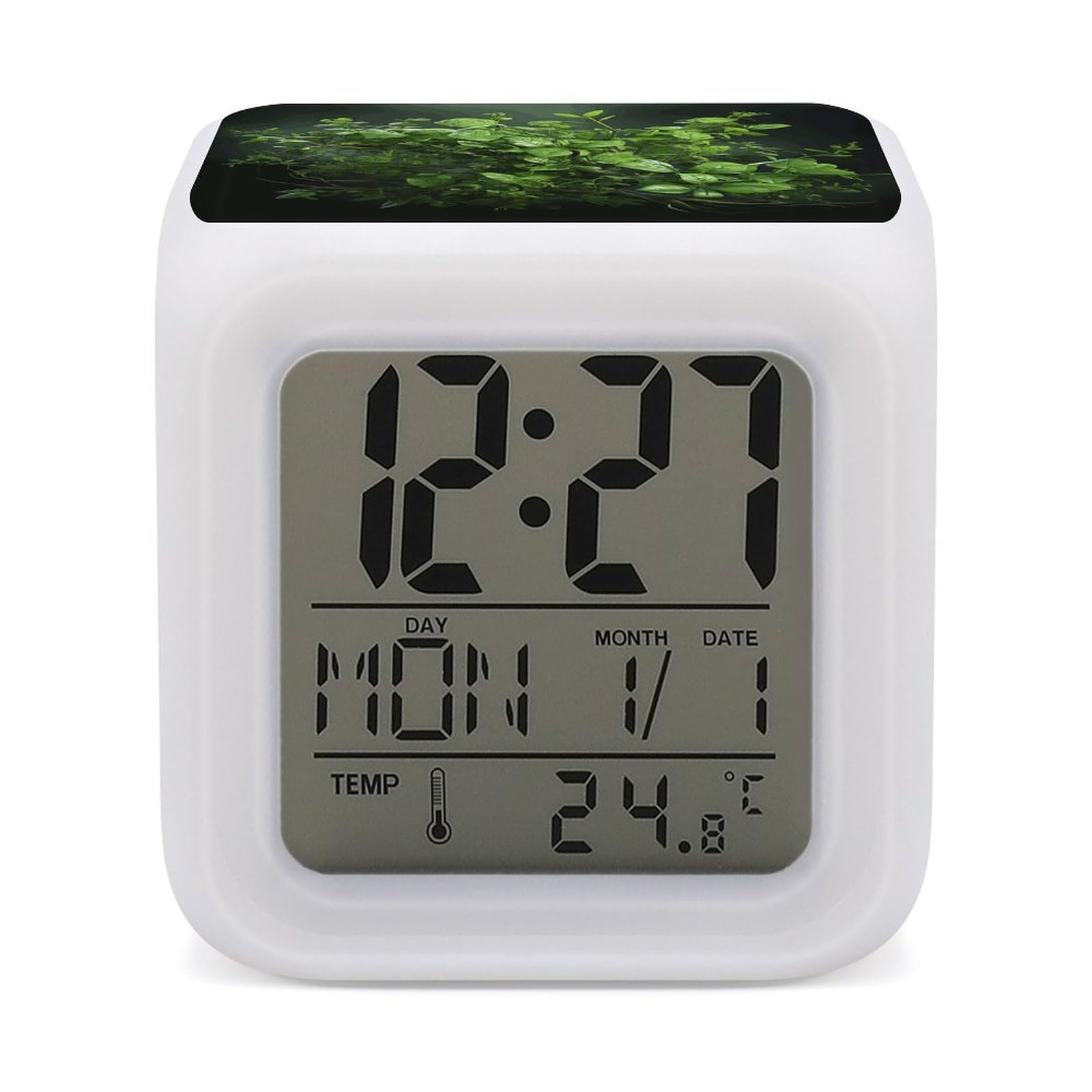 JTREHY Green Leaves Alarm Clock Digital Dimmable Clock for Bedroom LED Display Screen Mini Clocks 7 Color Dimmable Night Lights Time-to-Rise Alarm Clocks for Office Living Room