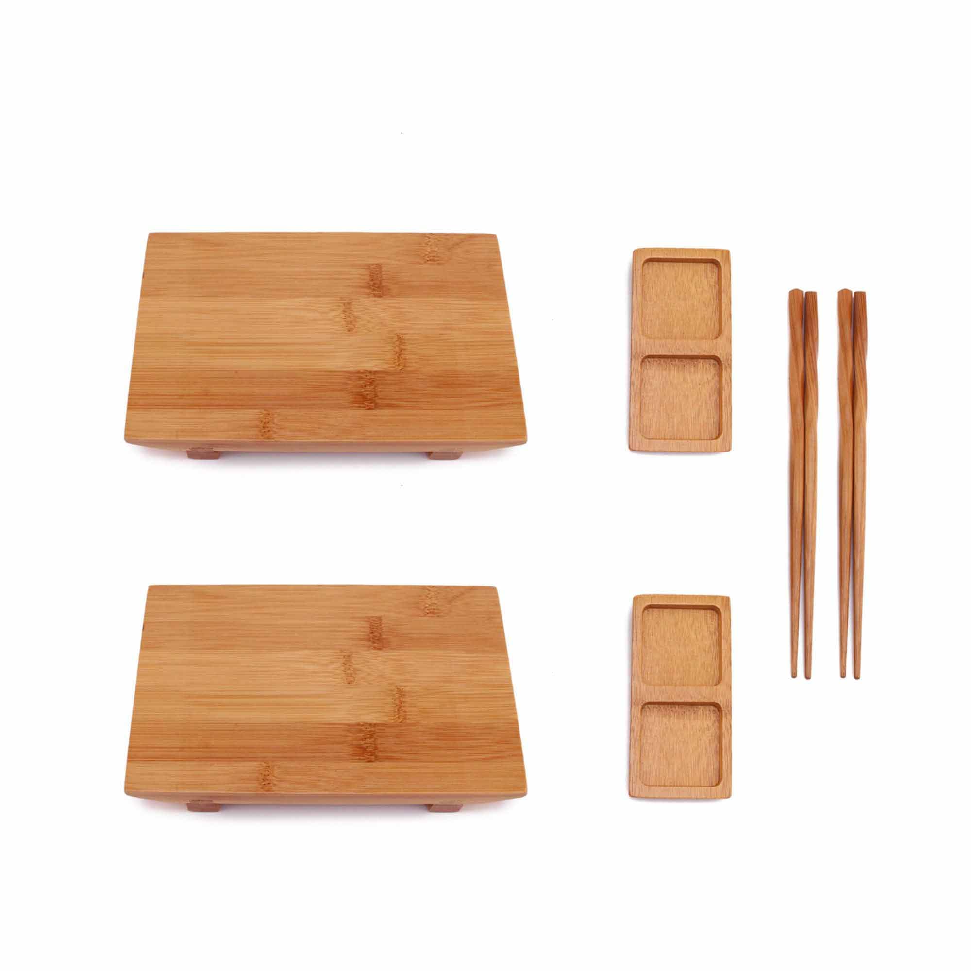 Bamboomn Rectangle Small Bamboo Sushi Plate/Tray, Chopsticks And Compartment Sauce Dish, 8.3" Rectangle - 2 Sets