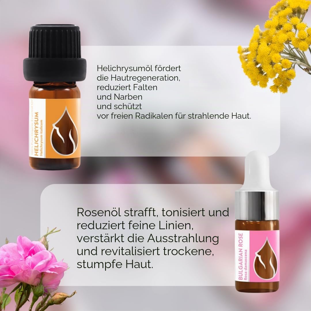 2er Set Luxus Bio-Ätherische Öle | Helichrysum (5 ml), Rose (3 ml) | 100 % rein und natürlich | Unverdünnt | Therapeutische Qualität | Familienbetrieb | Wasserdampfdestilliert | 2 Stück
