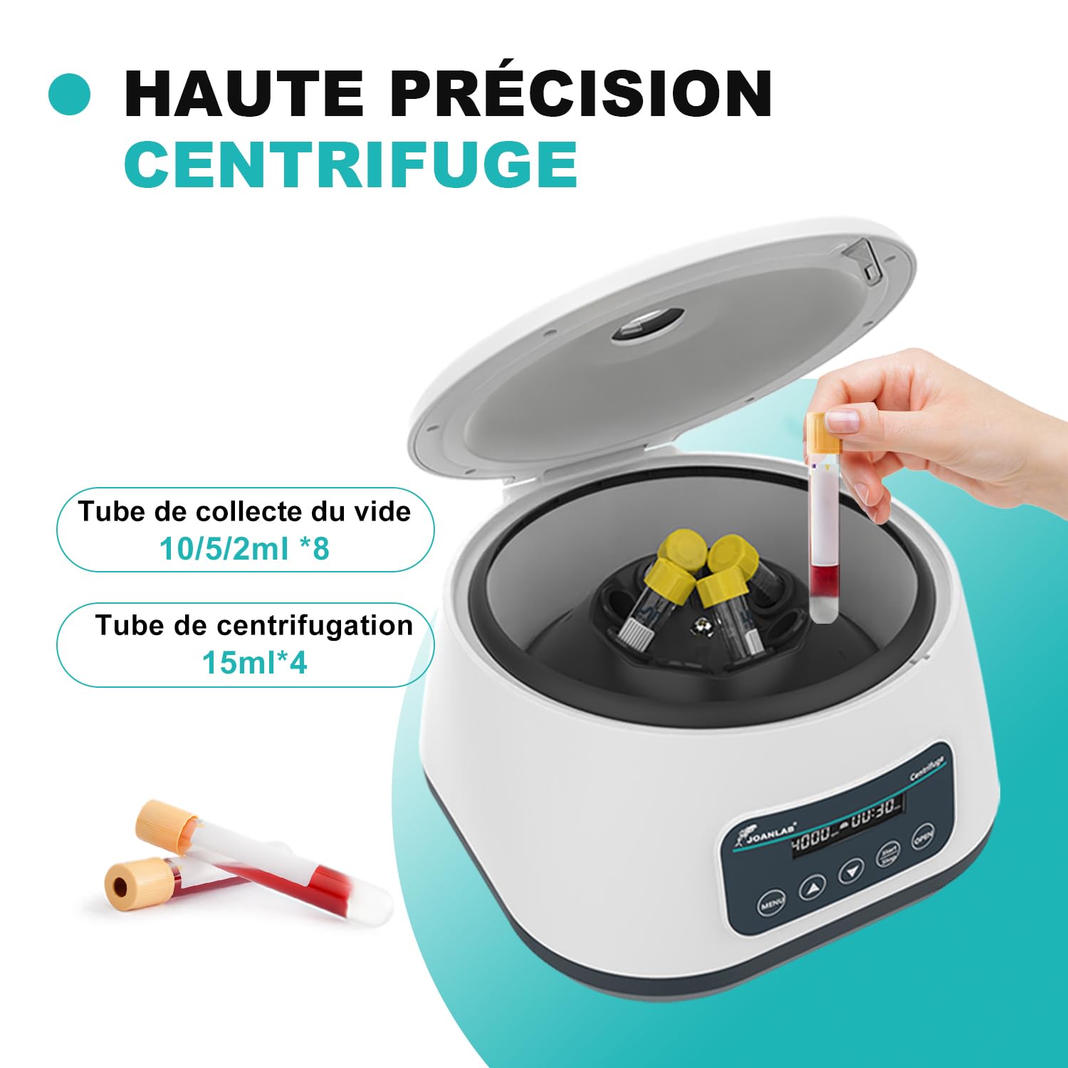 JOANLAB Machine à centrifuger de laboratoire 2 ml/5 ml/10 ml x 8, 15 ml x 4 centrifugeuses de table basse vitesse 500-4000 tr/min, 2180 x g RCF Digital Benchtop centrifugeuse avec minuterie