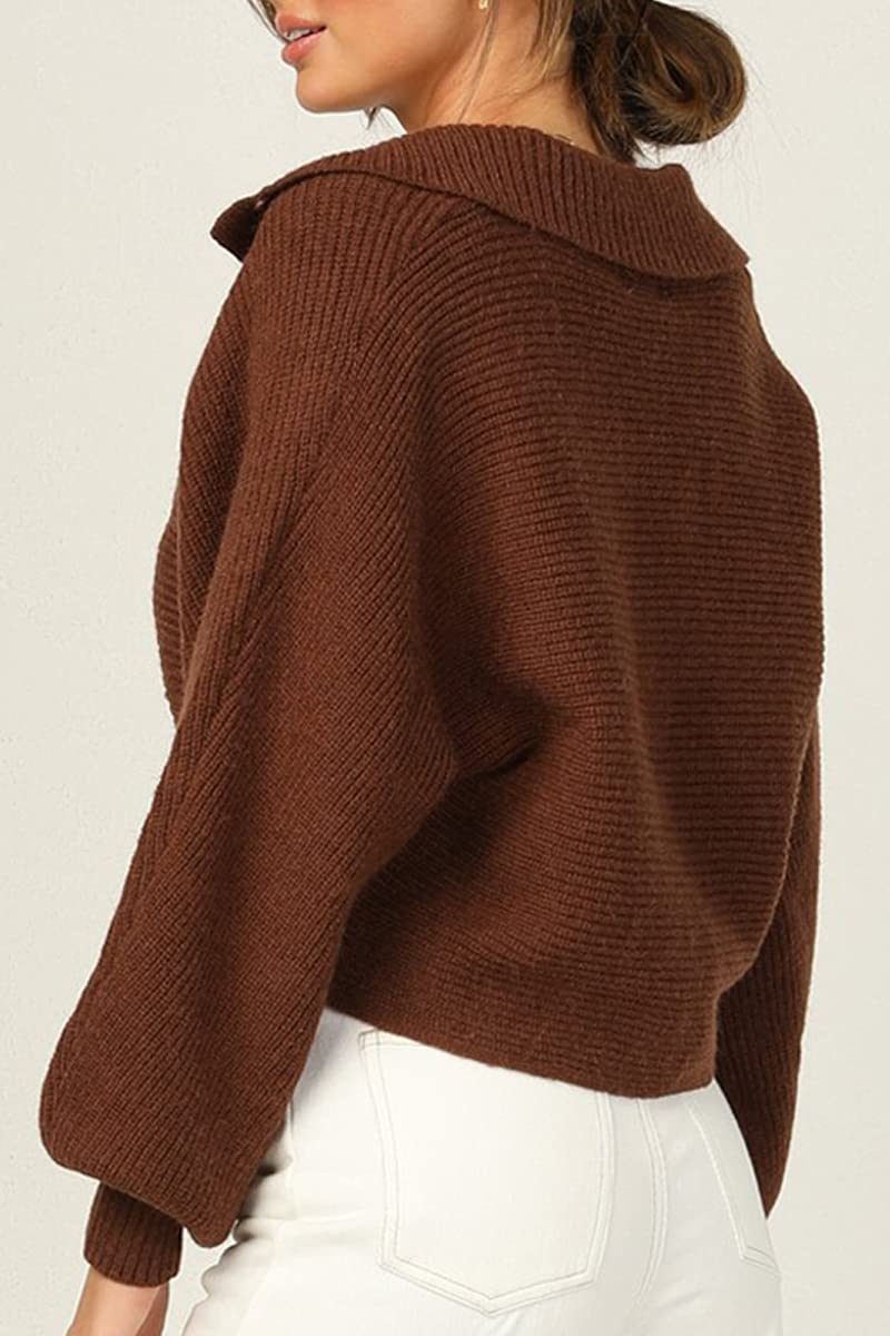 CHYRII Women Overized Puff Long Sleeve V Neck Knitted Polo Pullover Sweater Jumper Tops