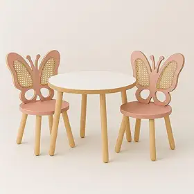 Mesa com duas cadeiras modelo borboleta em MDF e talagarça.
