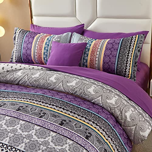 Image of Cottolester Boho Comforter Set King Size 8 Piece Bed in a Bag Bohemian Striped Bedding Quilt Set Purple Paisley Floral Comforter and Sheet Set,Soft Microfiber Complete Bedding Sets for All Season