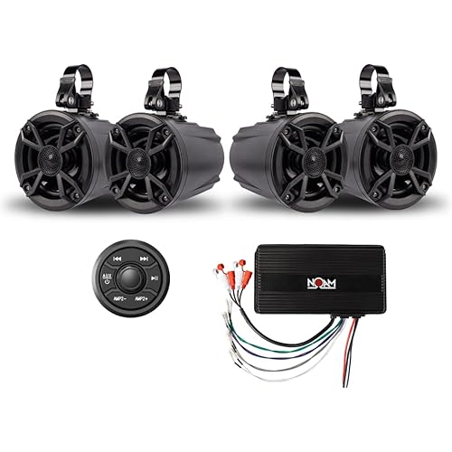 NOAM NUTV5 Quad - Marine ATV/Golf Cart/UTV Stereo System kit – Including 4 Waterproof Tower Speakers, Weatherproof Controller/Head Unit with Bluetooth and AUX Input and Four Channels Amplifier