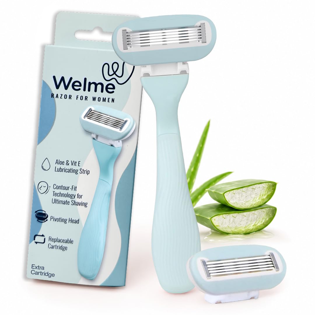 Welme Women’s Reusable Razor with 5 Sweden Steel Blades | Aloe & Vitamin E Lubricating Strip | Pivoting Head | Includes 1 Extra Cartridge | Suitable for Face, Private Parts & Pubic Areas (Blue)