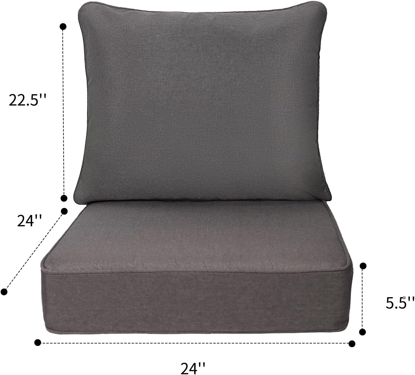 24"x 24"x 5.5" Patio Cushion Set Waterproof Outdoor Sectional Cushions Fade Resistant Seat and Pillow with Removable Cover for Patio Furniture, Dark Grey, High-Resiliency Foam Fill