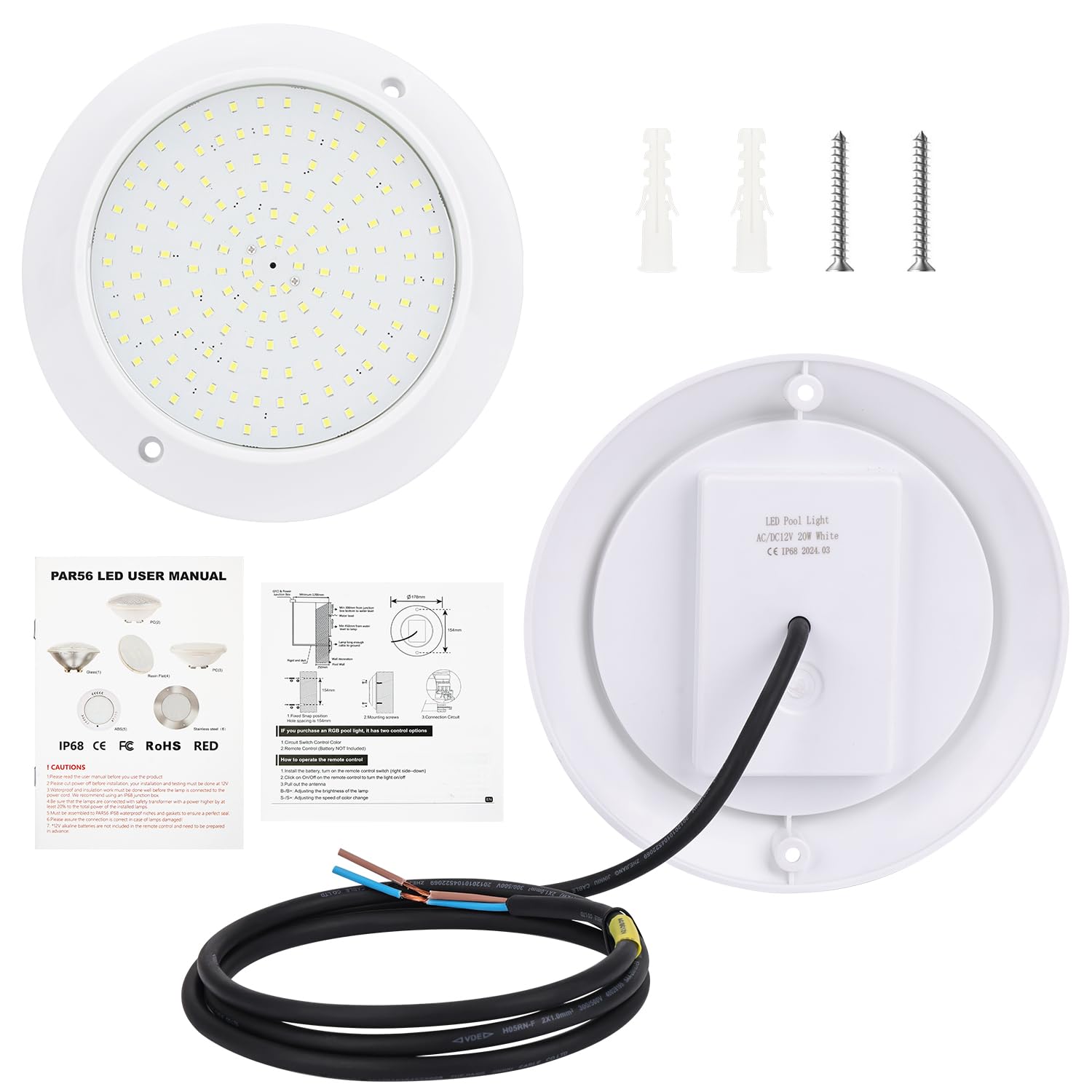 LED Proyector piscina Par56, iluminación de resina 20W 6000K, lámpara submarina IP68 PC, AC/DC 12V