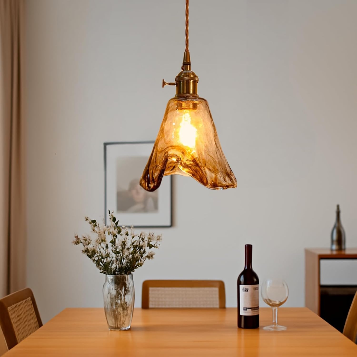 Vintage Amber Glass Pendant Light with Brass Gold Socket E26 Holder and Switch,Adjustable Cord Caramel Coffee Hanging Ceiling Lamp for Kitchen Island Dining Room Bedroom (C)