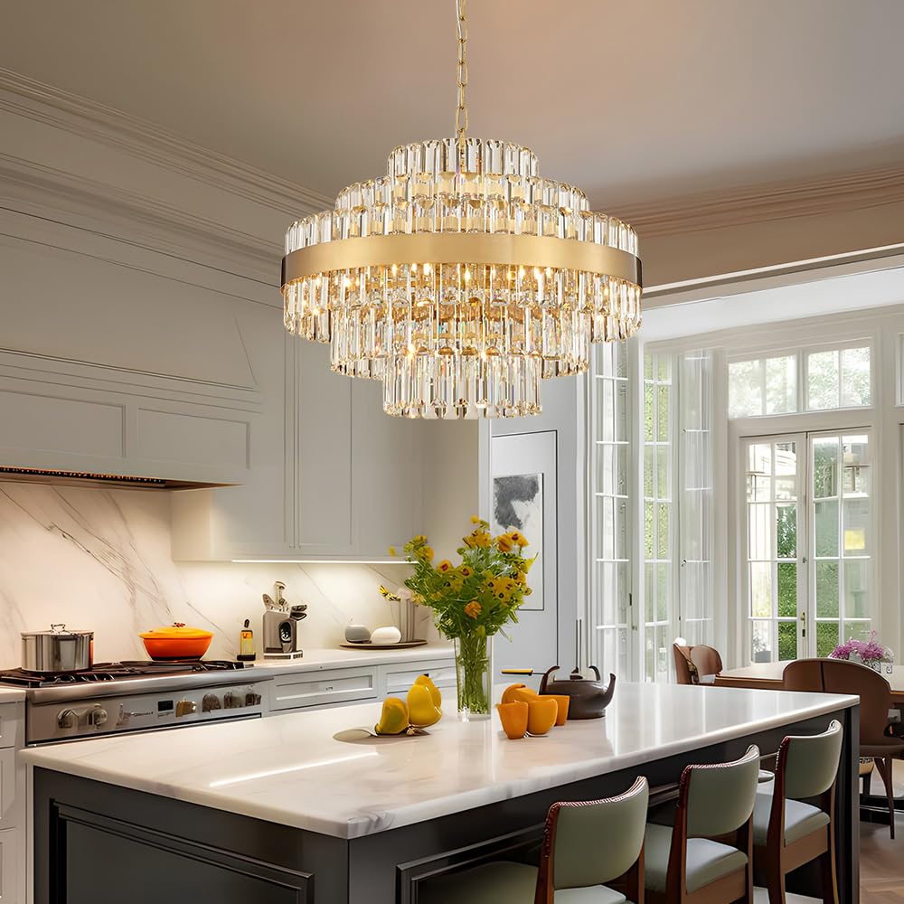 gold modern round crystal chandelier, 12-lights luxury chandeliers modern 3-tiers k9 crystal chandelier pendant, light fixture g9 lights for dining living room kitchen dia 23 inch