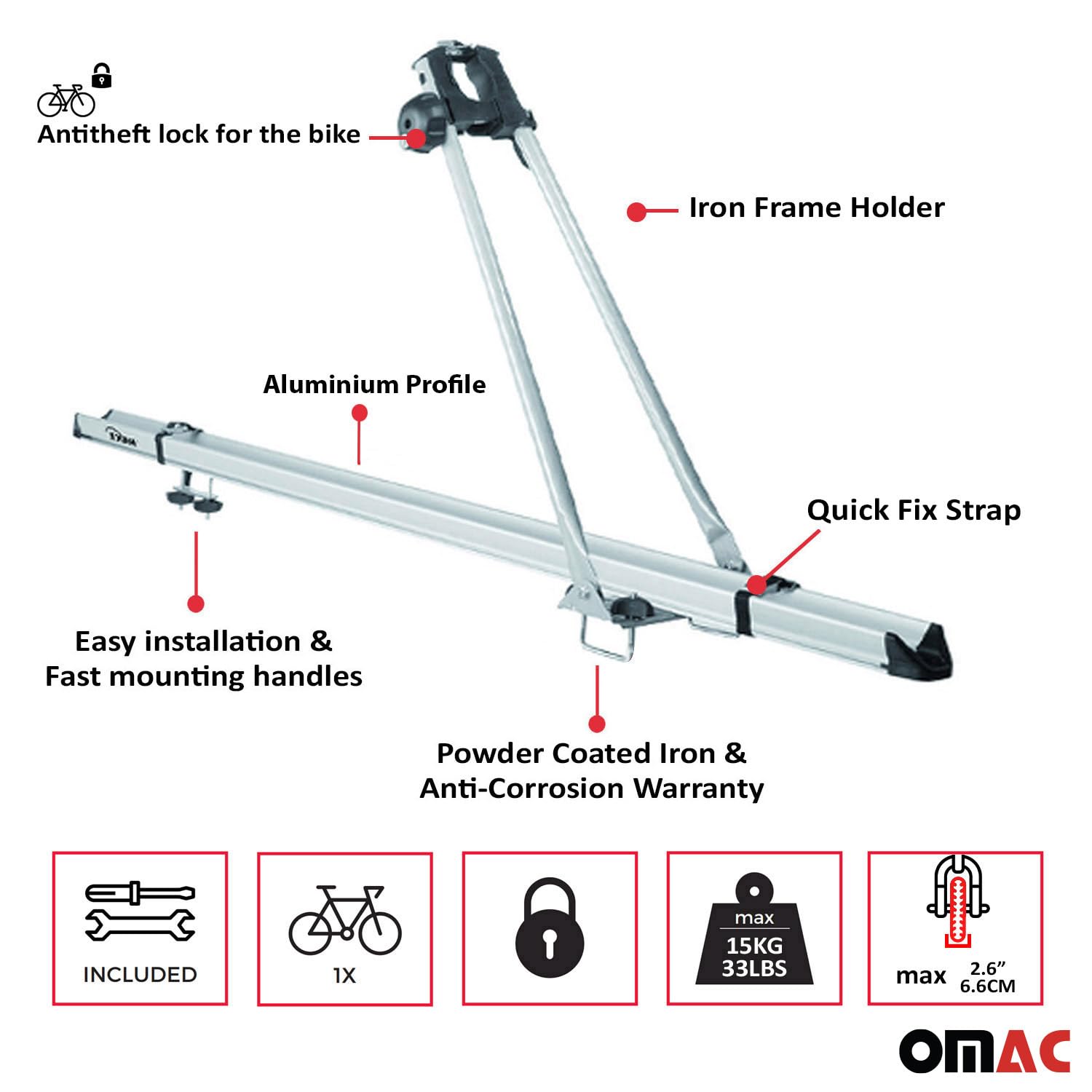 Bagażnik Rowerowy Dachfahrradträger bis 15kg Uchwyt Rowerowy Aluminium Rowery
