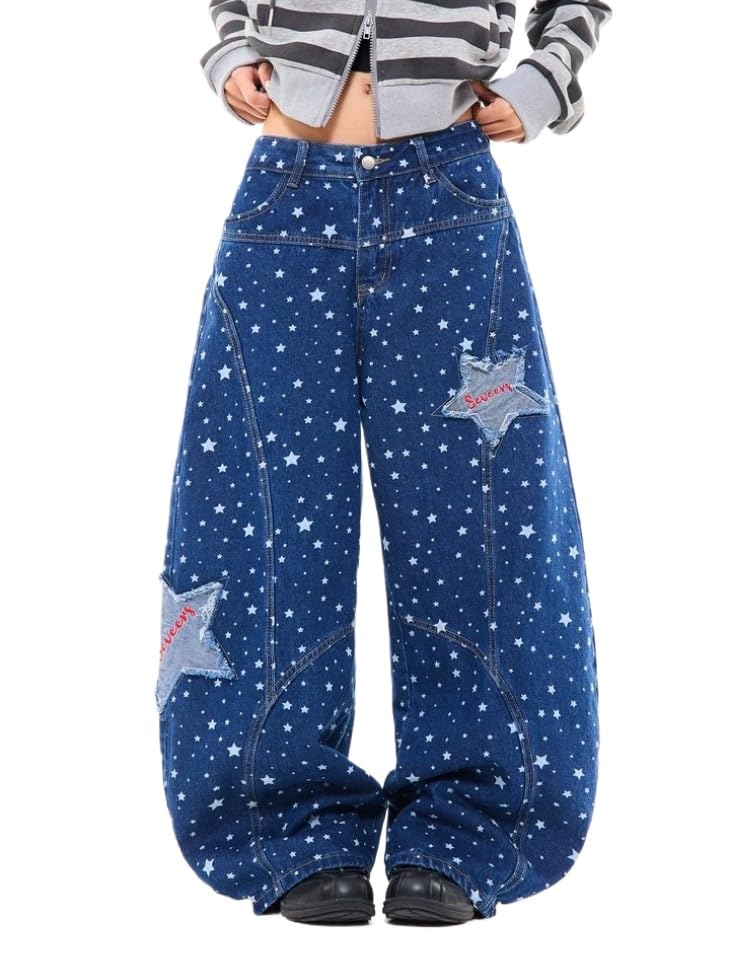 Unisex Y2k Vintage Star Patched Embroidery Print Jeans Hiphop Streetwear Grunge Distressed Baggy Wide Leg Denim Pants