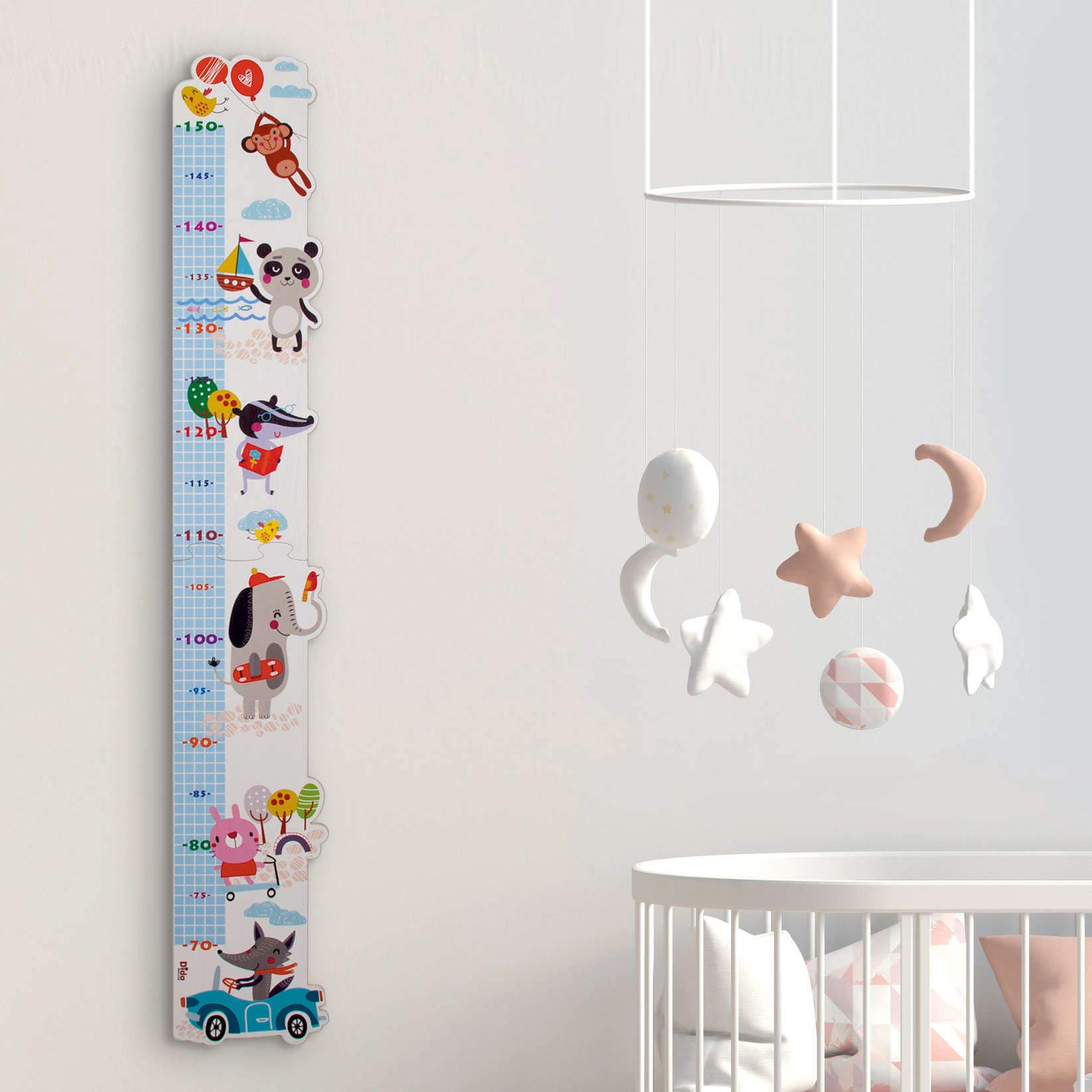 Dida Metro da Parete in Legno per Bambini con Allegri Animaletti, Grafico di Crescita fino a 150 cm, Misuratore Altezza