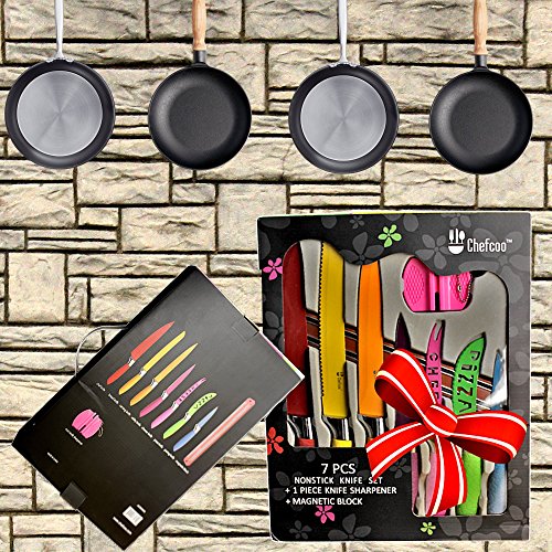 Chefcoo Kitchen Knife Set Plus Magnetic Strip and Sharpener One Cutlery Knives-Best Color Cooking Gadgets-Includes Cheese, Pizza, Paring, 14.5 x 10.9 x 1.5 inches, Red, Yellow, Blue, Green, Pink