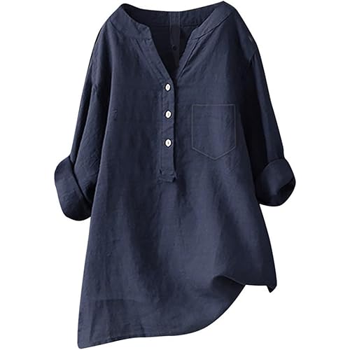 Linen Shirts for Women 2025 Trendy Summer Tops Button 3/4 Sleeve V Neck Plus Size Beach Blouses Boho Loose Tunic