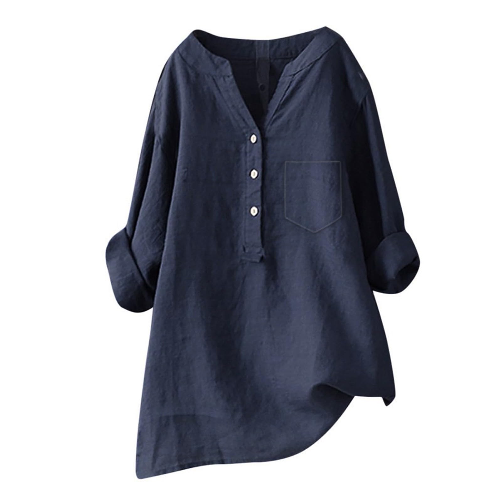GenericLinen Shirts for Women 2025 Buttons V Neck Cloths Long Sleeve Pockets Tshirt Trendy Dressy Blouses Casual Tunic Tops