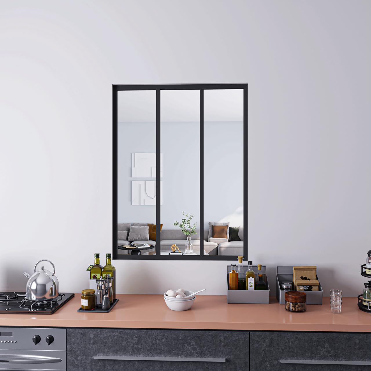 AICA Separador de Ambiente 63x108cm Cristal Templado Transparente 4mm 2 Hojas enmarcadas con Perfil de Aluminio Negro Mate
