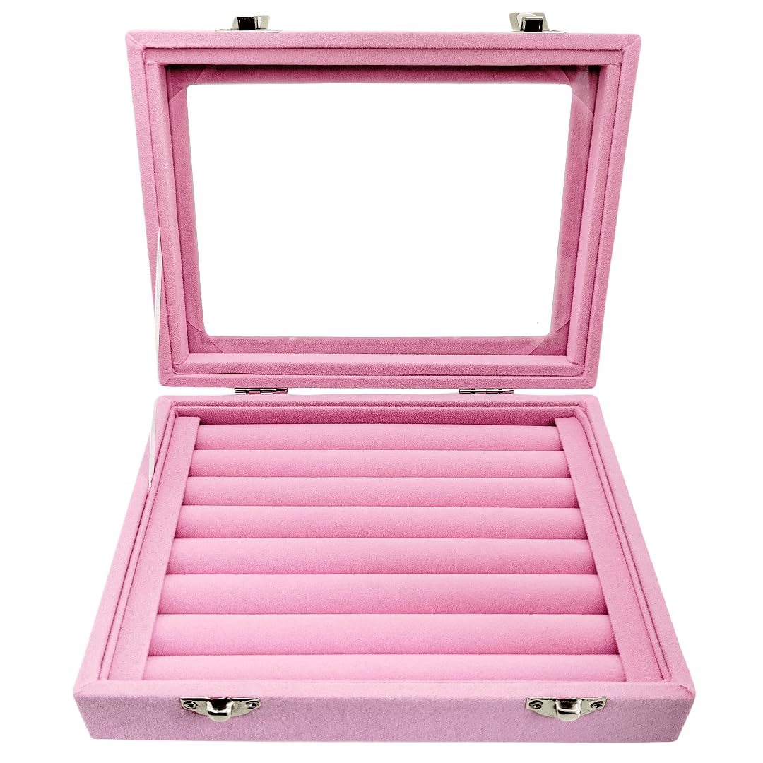 Velvet Glass Jewelry Display Stand Storage Box for Rings Earrings - Holder Case for Women Girls Pink