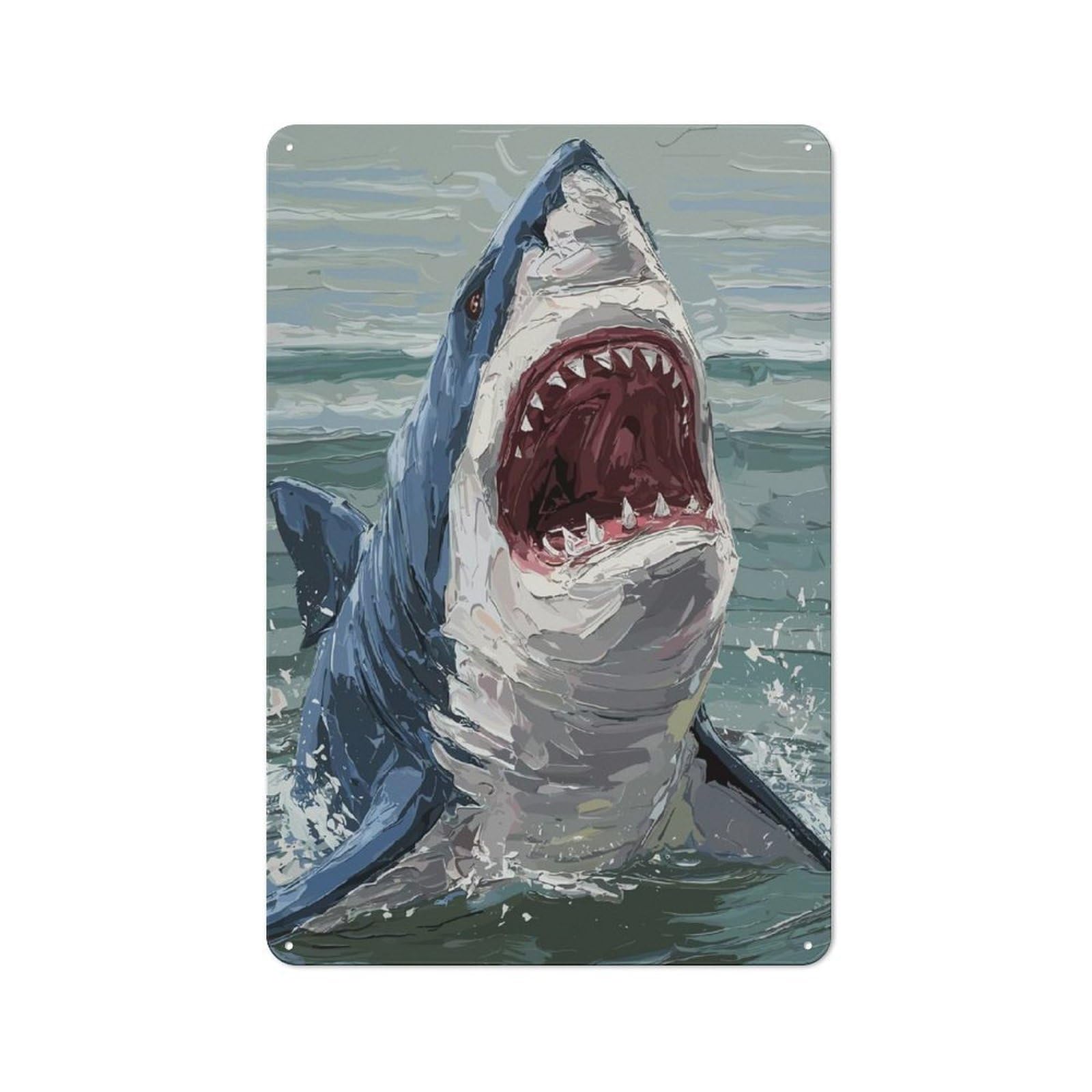 Junmoney White Shark Attack Paintin For Hobby Room Or Studio, Rustic Metal Sign 30X20cm, For Creative Interior Collectors Refreshing A Room In Autumn