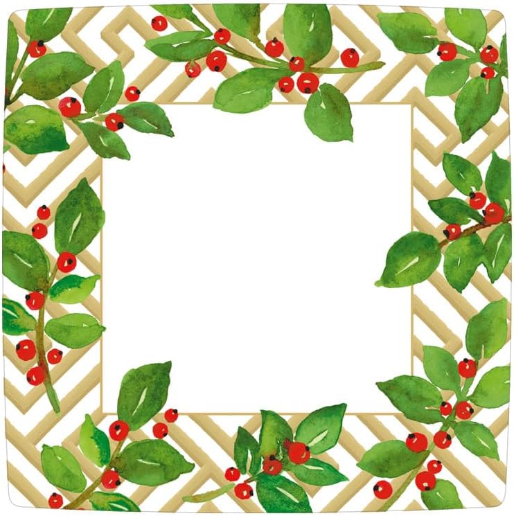Caspari Holly And Fretwork White Square Paper Salad & Dessert Plates - includes 8 Paper Salad & Dessert Plates