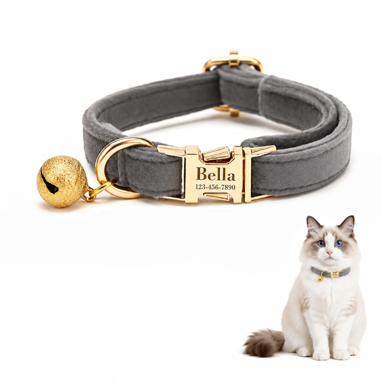 Custom Cat Collar with Bells Personalized Small Cat Collar Engraved Name &amp; Phone Number with Secure Metal Quick-Release Buckle Adjustable (Light Gray)