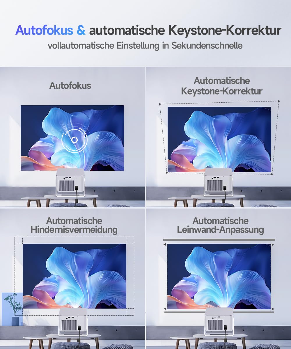 Alwtniet Mini Beamer Projektor 4K 8K Unterstützt, Full HD 1080P Smart Projector mit Android 14, WiFi 6 Bluetooth 5.4, Autofokus Auto Keystone 180°Dreh Beamer klein Heimkino Ultrakurzdistanz HY350MAX